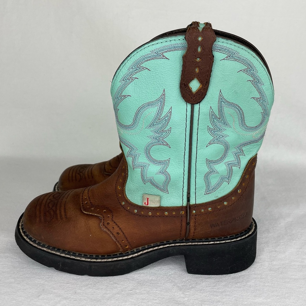 Justin Gypsy Boots Women’s 7B Brown Turquoise Blue Leather Embroidered Western